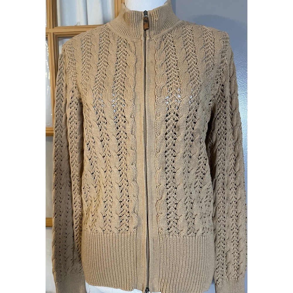 Vtg 90s Liz Claiborne Full Zip Cardigan Sweater Sz L Cable Knit Mock Neck Beige